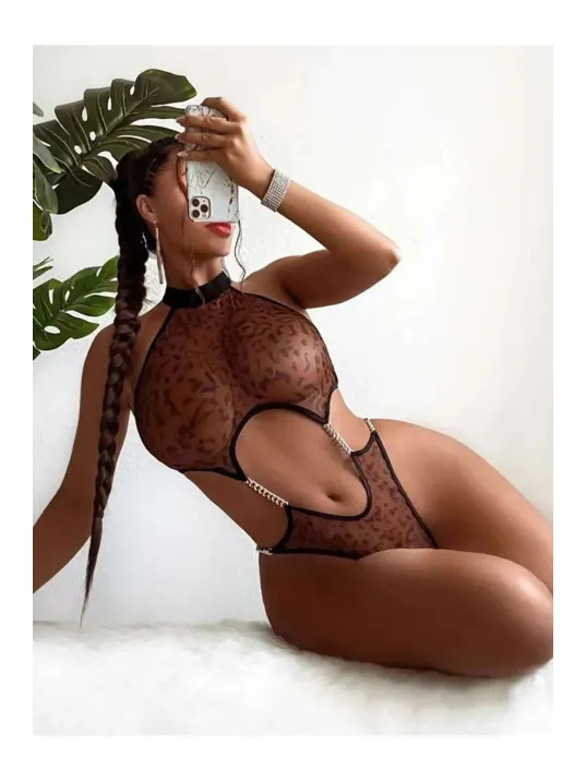 Kadın Leopar Desen Zincirli Kahverengi Seksi Babydoll Fantezi Kostüm