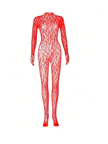 Kadın Seksi Leopar Desenli Transparan File Tulum Uzun Kollu Eldivenli Büyük Beden Vücut Çorabı