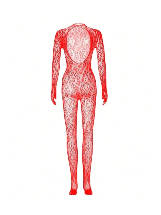 Kadın Seksi Leopar Desenli Transparan File Tulum Uzun Kollu Eldivenli Büyük Beden Vücut Çorabı