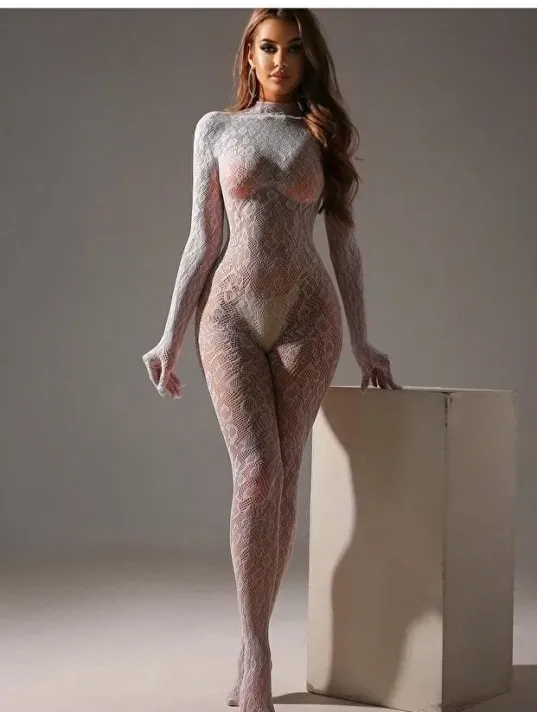 Kadın Seksi Leopar Desenli Transparan File Tulum Uzun Kollu Eldivenli Büyük Beden Vücut Çorabı