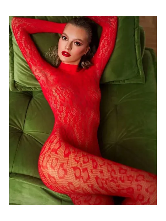 Kadın Seksi Leopar Desenli Transparan File Tulum Uzun Kollu Eldivenli Büyük Beden Vücut Çorabı