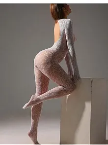 Kadın Seksi Leopar Desenli Transparan File Tulum Uzun Kollu Eldivenli Büyük Beden Vücut Çorabı