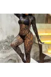 Kadın Seksi Leopar Desenli Transparan File Tulum Uzun Kollu Eldivenli Büyük Beden Vücut Çorabı