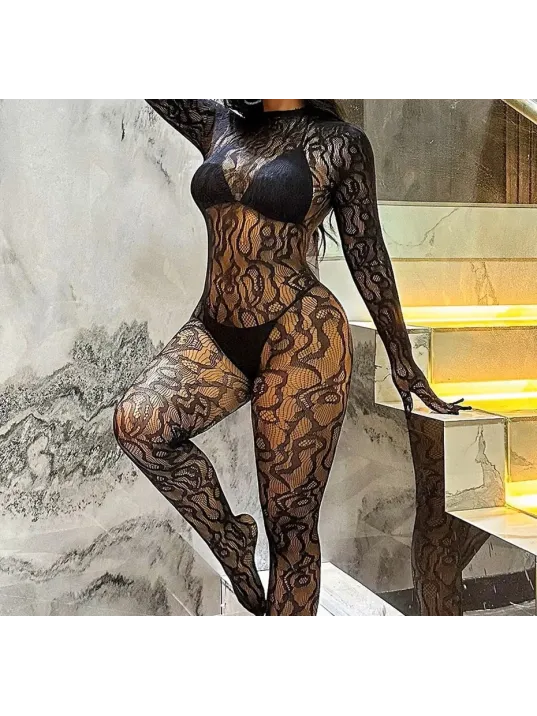 Kadın Seksi Leopar Desenli Transparan File Tulum Uzun Kollu Eldivenli Büyük Beden Vücut Çorabı
