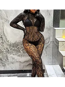 Kadın Seksi Leopar Desenli Transparan File Tulum Uzun Kollu Eldivenli Büyük Beden Vücut Çorabı