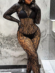 Kadın Seksi Leopar Desenli Transparan File Tulum Uzun Kollu Eldivenli Büyük Beden Vücut Çorabı