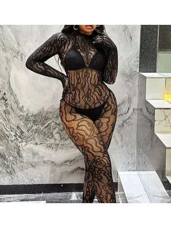 Kadın Seksi Leopar Desenli Transparan File Tulum Uzun Kollu Eldivenli Büyük Beden Vücut Çorabı