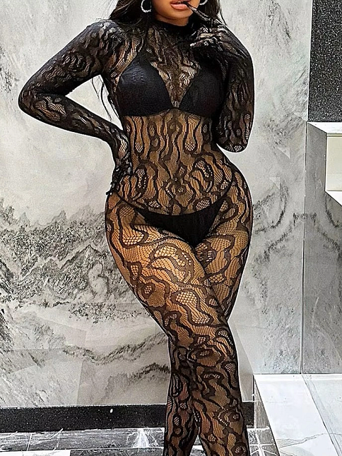 Kadın Seksi Leopar Desenli Transparan File Tulum Uzun Kollu Eldivenli Büyük Beden Vücut Çorabı