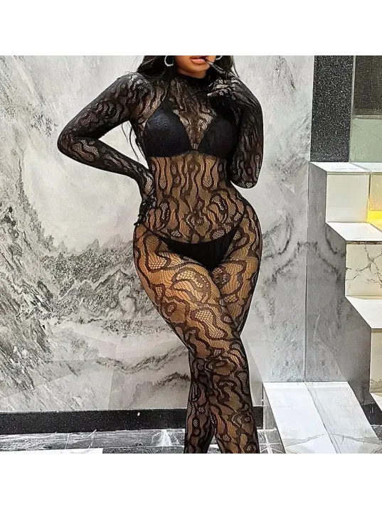 Kadın Seksi Leopar Desenli Transparan File Tulum Uzun Kollu Eldivenli Büyük Beden Vücut Çorabı