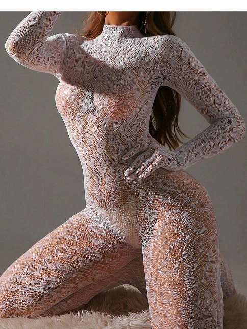 Kadın Seksi Leopar Desenli Transparan File Tulum Uzun Kollu Eldivenli Büyük Beden Vücut Çorabı