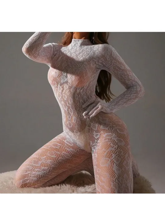 Kadın Seksi Leopar Desenli Transparan File Tulum Uzun Kollu Eldivenli Büyük Beden Vücut Çorabı
