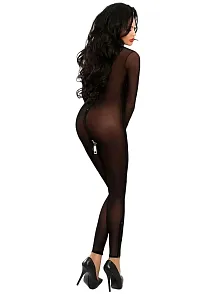 Kadın Siyah Fermuarlı Boydan Tül Seksi Tüm Vücut Çorabı Gecelik Babydoll