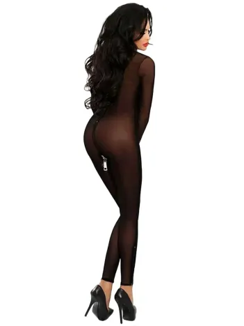 Kadın Siyah Fermuarlı Boydan Tül Seksi Tüm Vücut Çorabı Gecelik Babydoll