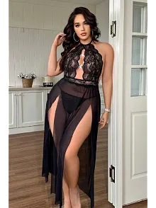 Uzun Gecelik Yırtmaçlı Dantel Göğüs detaylı Sık Romantik Kadın Gecelik