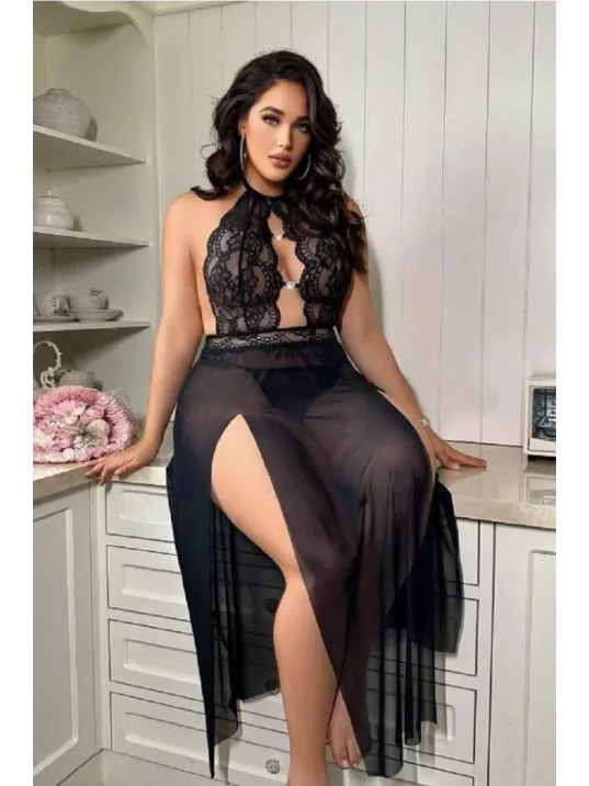 Uzun Gecelik Yırtmaçlı Dantel Göğüs detaylı Sık Romantik Kadın Gecelik