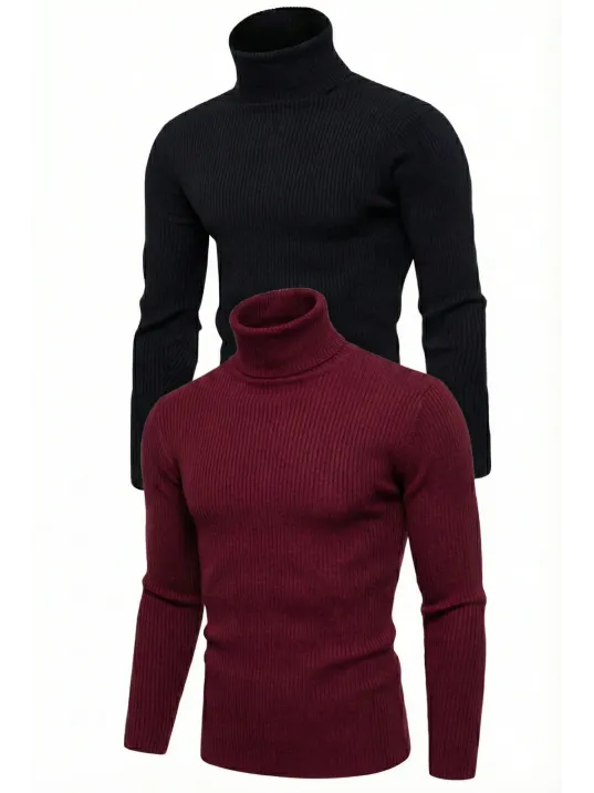 2'li Siyah Bordo Unisex Kaşkorse Boğazlı Full Likralı Fitilli Body Kazak