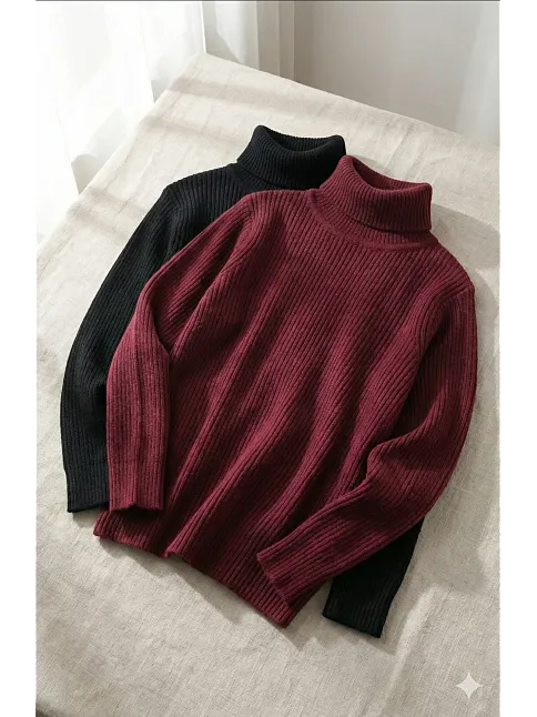 2'li Siyah Bordo Unisex Kaşkorse Boğazlı Full Likralı Fitilli Body Kazak