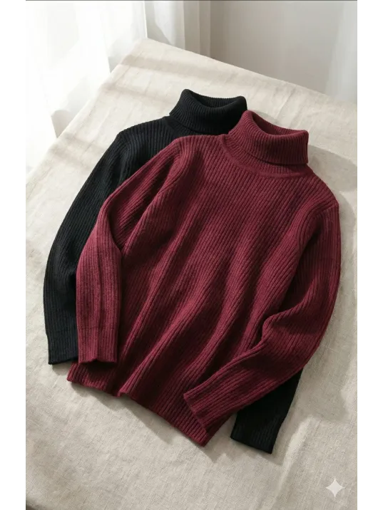 2'li Siyah Bordo Unisex Kaşkorse Boğazlı Full Likralı Fitilli Body Kazak
