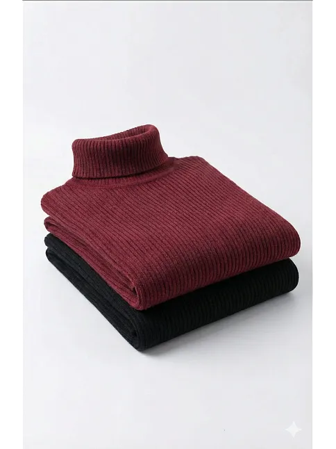 2'li Siyah Bordo Unisex Kaşkorse Boğazlı Full Likralı Fitilli Body Kazak