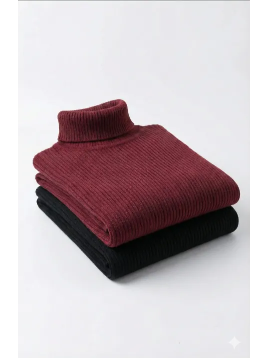 2'li Siyah Bordo Unisex Kaşkorse Boğazlı Full Likralı Fitilli Body Kazak