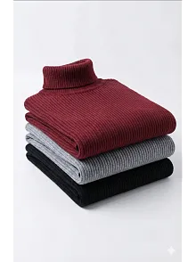 3'lü Siyah, Bordo, Gri Unisex Kaşkorse Boğazlı Full Likralı Fitilli Body Kazak
