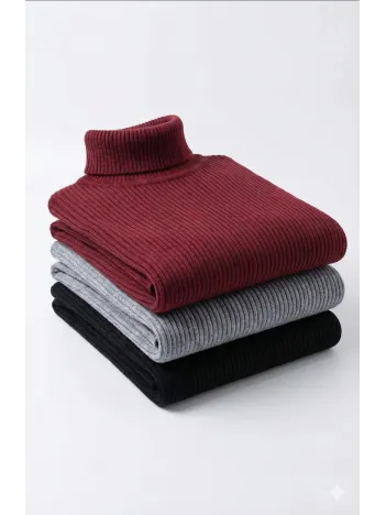 3'lü Siyah, Bordo, Gri Unisex Kaşkorse Boğazlı Full Likralı Fitilli Body Kazak