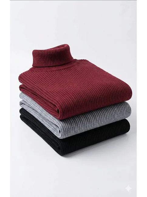 3'lü Siyah, Bordo, Gri Unisex Kaşkorse Boğazlı Full Likralı Fitilli Body Kazak