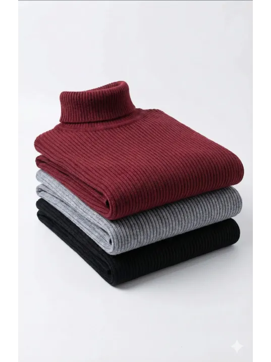 3'lü Siyah, Bordo, Gri Unisex Kaşkorse Boğazlı Full Likralı Fitilli Body Kazak