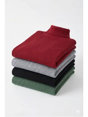 4'lü Siyah, Bordo, Gri, Haki Unisex Kaşkorse Boğazlı Full Likralı Fitilli Body Kazak