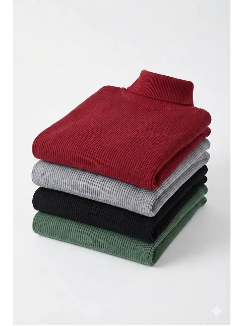 4'lü Siyah, Bordo, Gri, Haki Unisex Kaşkorse Boğazlı Full Likralı Fitilli Body Kazak