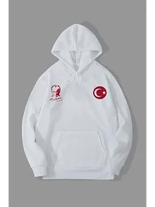 10 Kasıma Özel Üç İplik Kapüşonlu Baskılı Sweatshirt - Beyaz