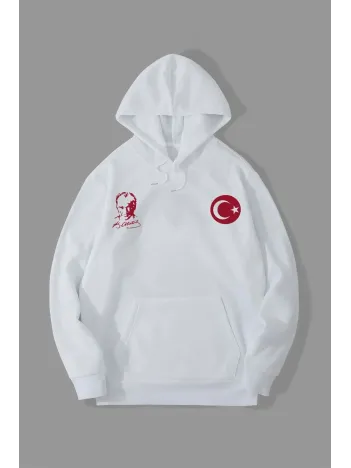 10 Kasıma Özel Üç İplik Kapüşonlu Baskılı SweatShirt - Beyaz 10 Kasıma Özel Üç İplik Kapüşonlu Baskılı SweatShirt - Beyaz