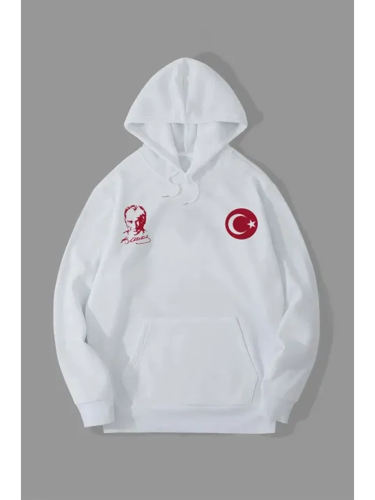 10 Kasıma Özel Üç İplik Kapüşonlu Baskılı SweatShirt - Beyaz 10 Kasıma Özel Üç İplik Kapüşonlu Baskılı SweatShirt - Beyaz