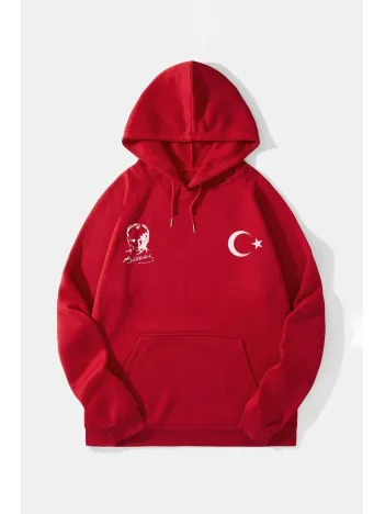 10 Kasıma Özel Üç İplik Kapüşonlu Baskılı Sweatshirt - Kırmızı