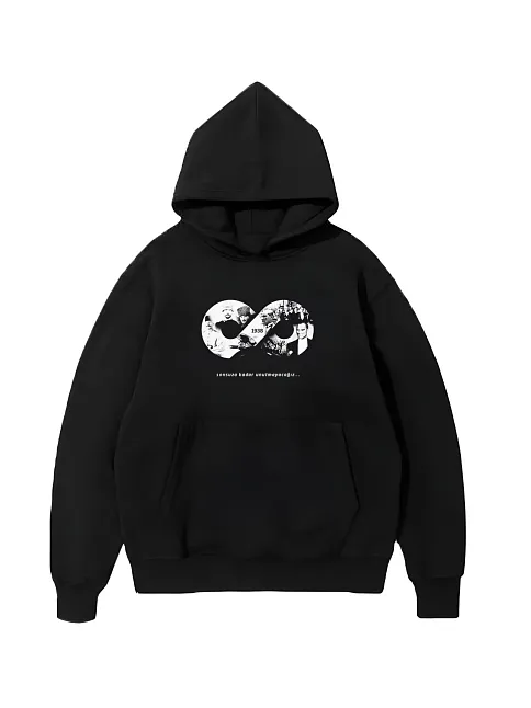 10 Kasıma Özel Üç İplik Kapüşonlu Baskılı Sweatshirt - Siyah