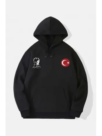 10 Kasıma Özel Üç İplik Kapüşonlu Baskılı SweatShirt - Siyah 10 Kasıma Özel Üç İplik Kapüşonlu Baskılı SweatShirt - Siyah