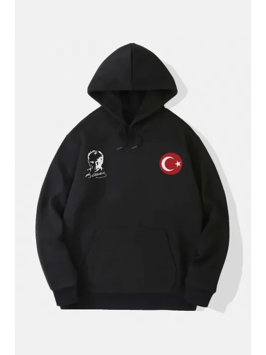 10 Kasıma Özel Üç İplik Kapüşonlu Baskılı SweatShirt - Siyah 10 Kasıma Özel Üç İplik Kapüşonlu Baskılı SweatShirt - Siyah