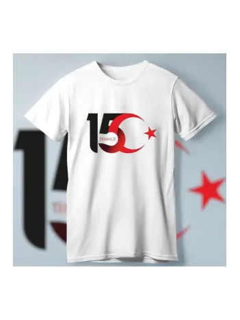 15 Temmuza Özel Tasarım Ay Yıldız Baskılı T-shirt - Beyaz