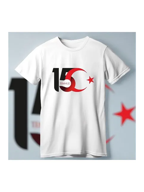 15 Temmuza Özel Tasarım Ay Yıldız Baskılı T-shirt - Beyaz