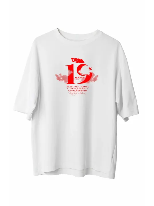 19 Mayıs Unisex Baskılı T-shirt - Beyaz 19 Mayıs Unisex Baskılı T-shirt - Beyaz