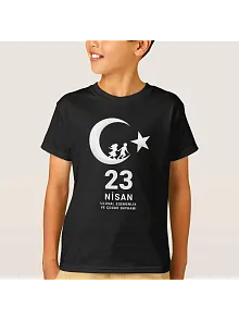 Çocuk 23 Nisan Ulusal Egemenlik Ve Çocuk Bayramı Baskılı Bisiklet Yaka T-shirt - Siyah