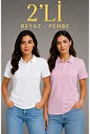 2'li Kadın Polo Yaka Pike Kumaş Düğmeli Basic Tişört Günlük Rahat Kesim - Beyaz, Pembe