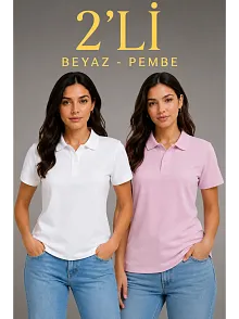 2'li Kadın Polo Yaka Pike Kumaş Düğmeli Basic Tişört Günlük Rahat Kesim - Beyaz, Pembe