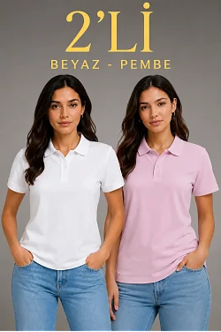 2'li Kadın Polo Yaka Pike Kumaş Düğmeli Basic Tişört Günlük Rahat Kesim - Beyaz, Pembe