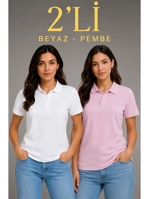 2'li Kadın Polo Yaka Pike Kumaş Düğmeli Basic Tişört Günlük Rahat Kesim - Beyaz, Pembe