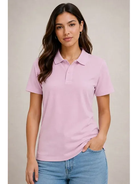 2'li Kadın Polo Yaka Pike Kumaş Düğmeli Basic Tişört Günlük Rahat Kesim - Beyaz, Pembe