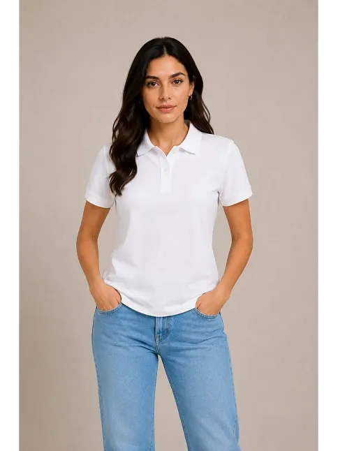 2'li Kadın Polo Yaka Pike Kumaş Düğmeli Basic Tişört Günlük Rahat Kesim - Beyaz, Pembe