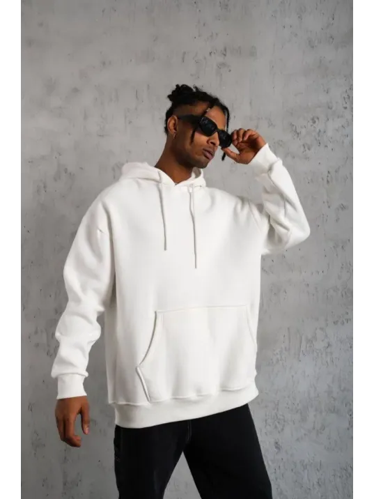 3 İplik Kapşonlu Sweatshirt Hoodie - Beyaz