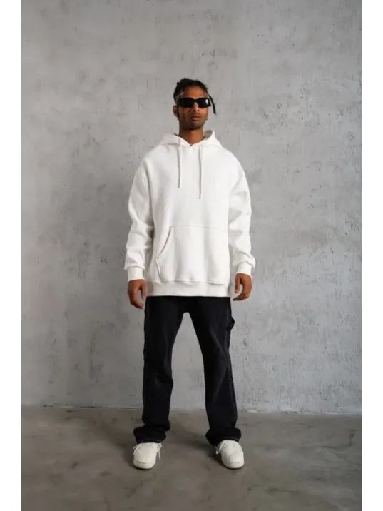 3 İplik Kapşonlu Sweatshirt Hoodie - Beyaz