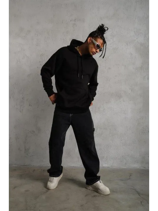 3 İplik Kapşonlu Sweatshirt Hoodie - Siyah